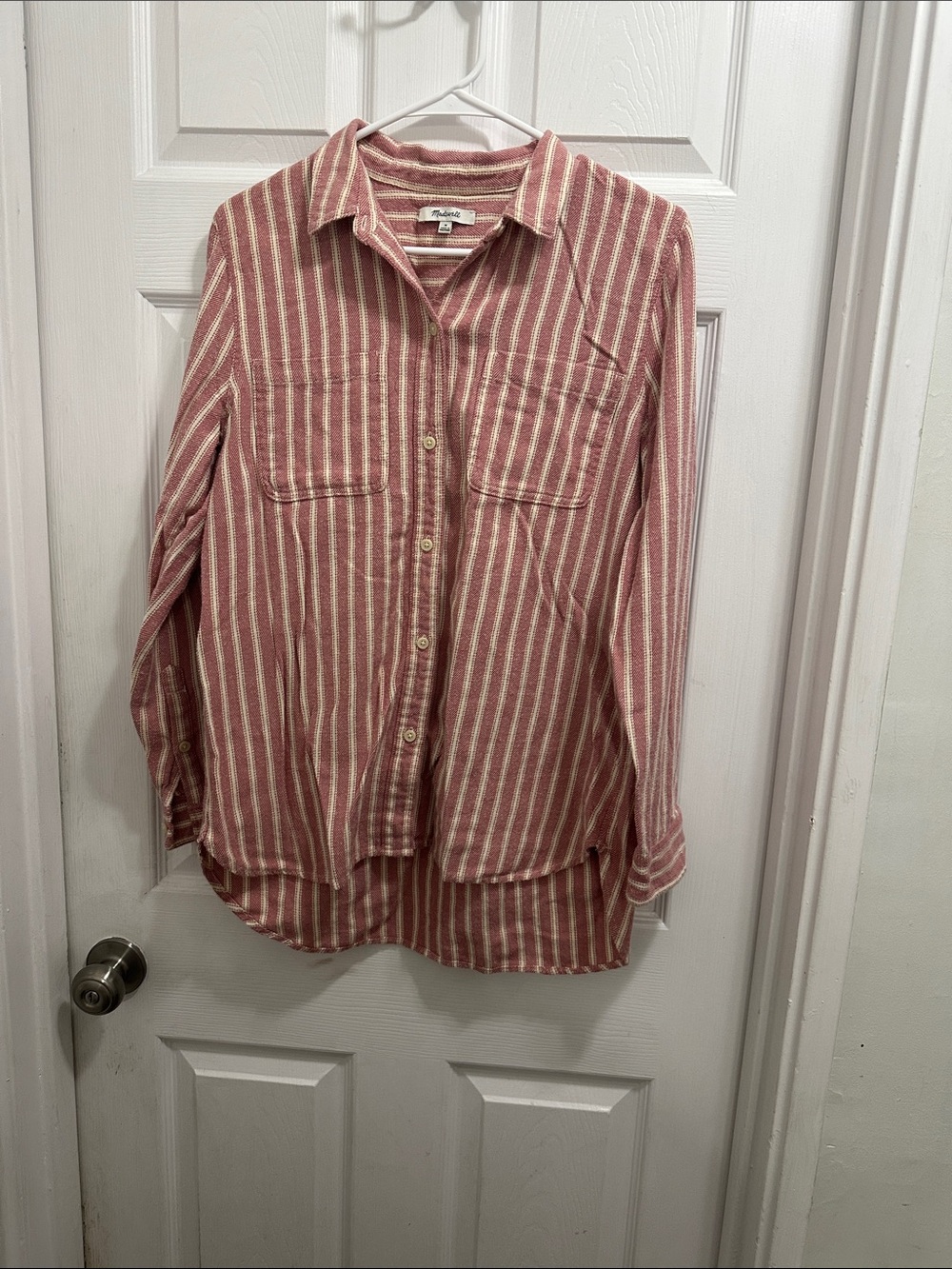 Madewell Ex Boyfriend Fannel Pink and White Striped Button-Down Shirt